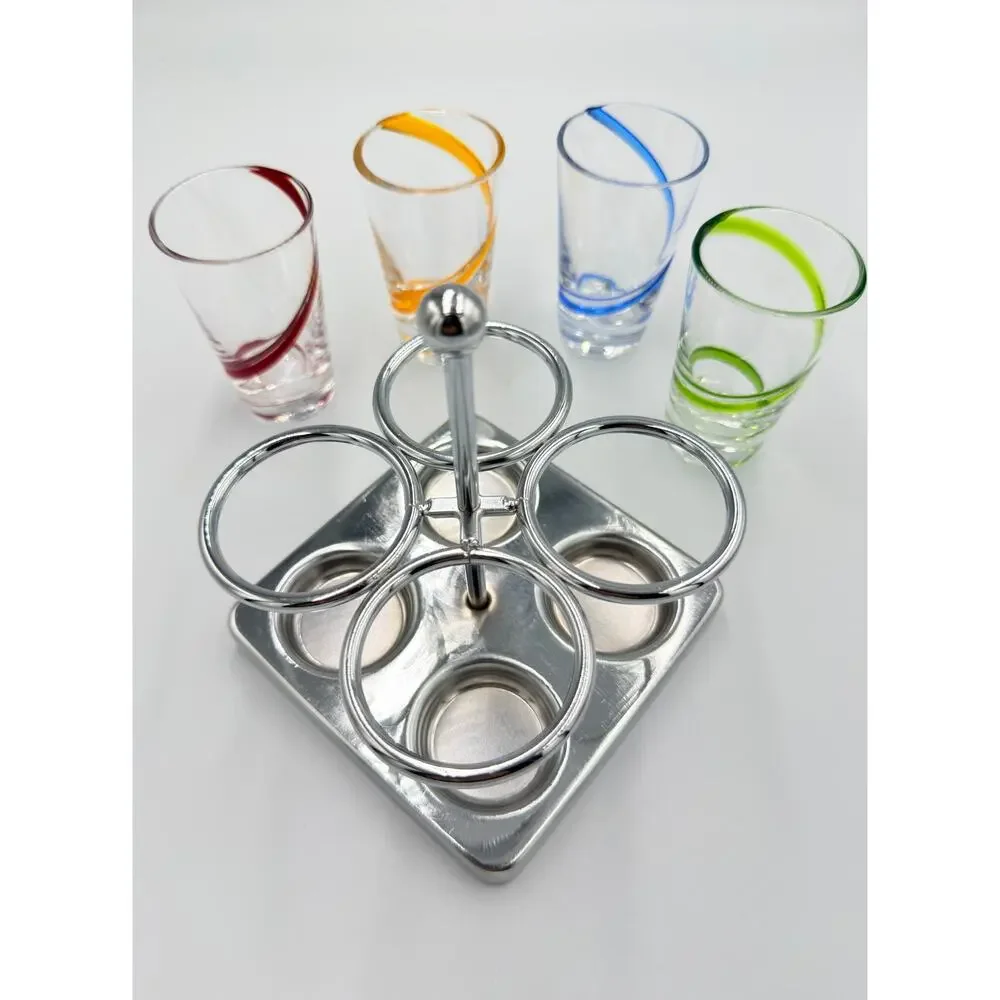 Starbucks Rare Hand Blown Swirl Glass Barista Espresso Shot Glass w/Chrome Caddy